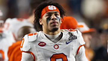 Dec 21, 2024; Austin, Texas, USA; Clemson Tigers wide receiver Antonio Williams (0) against the Texas Longhorns during the CFP National playoff first round at Darrell K Royal-Texas Memorial Stadium. Mandatory Credit: Mark J. Rebilas-Imagn Images