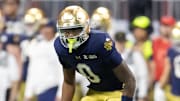 Jan 20, 2025; Atlanta, GA, USA; Notre Dame Fighting Irish wide receiver Deion Colzie (0) against the Ohio State Buckeyes during the CFP National Championship college football game at Mercedes-Benz Stadium. Mandatory Credit: Mark J. Rebilas-Imagn Images