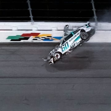 Ryan Preece goes airborne in the closing laps of the Daytona 500 at Daytona International Speedway.