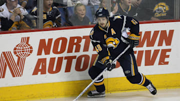 May 12, 2007; Buffalo, NY, USA;  Buffalo Sabres center Daniel Briere (48) sets up against the Ottawa Senators in game two of the Eastern Conference final at HSBC Arena. The Senators won 4-3 in double overtime.  Mandatory Credit: Craig Melvin-Imagn Images 