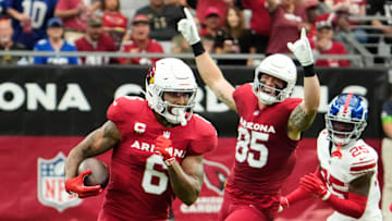 Sep 17, 2023; Glendale, AZ, USA; Arizona Cardinals running back James Conner (6) carries the ball