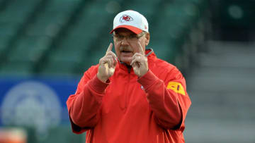 Oct 30, 2015; London, United Kingdom; Kansas City Chiefs coach Andy Reid during practice at Allianz Park in preparation of the NFL International Series game against the Detroit Lions. Mandatory Credit: Kirby Lee-USA TODAY Sports
