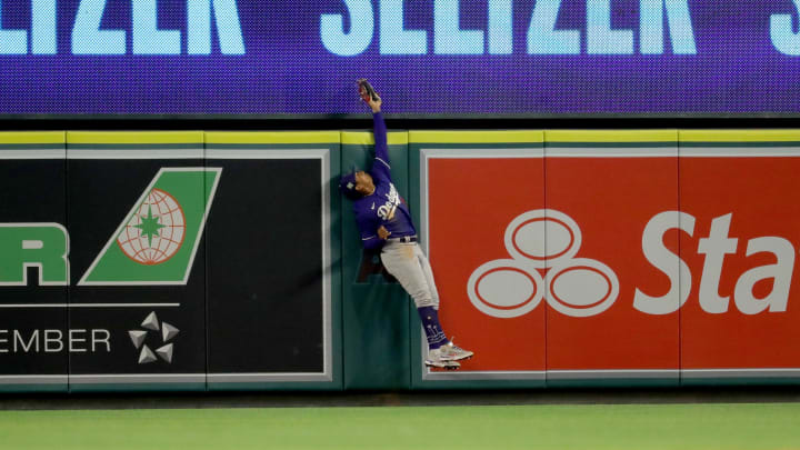 Apr 3, 2022; Anaheim, California, USA; Los Angeles Dodgers right fielder Jose Ramos catches line