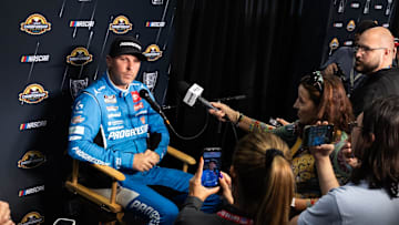 Oct 30, 2025; Avondale, Arizona, USA; NASCAR Cup Series driver Denny Hamlin during Championship Four media day at Phoenix Raceway.
