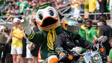 The Duck rides onto the field as the Oregon Ducks host the Montana State Bobcats on Aug. 30, 2025, at Autzen Stadium in Eugene, Oregon.