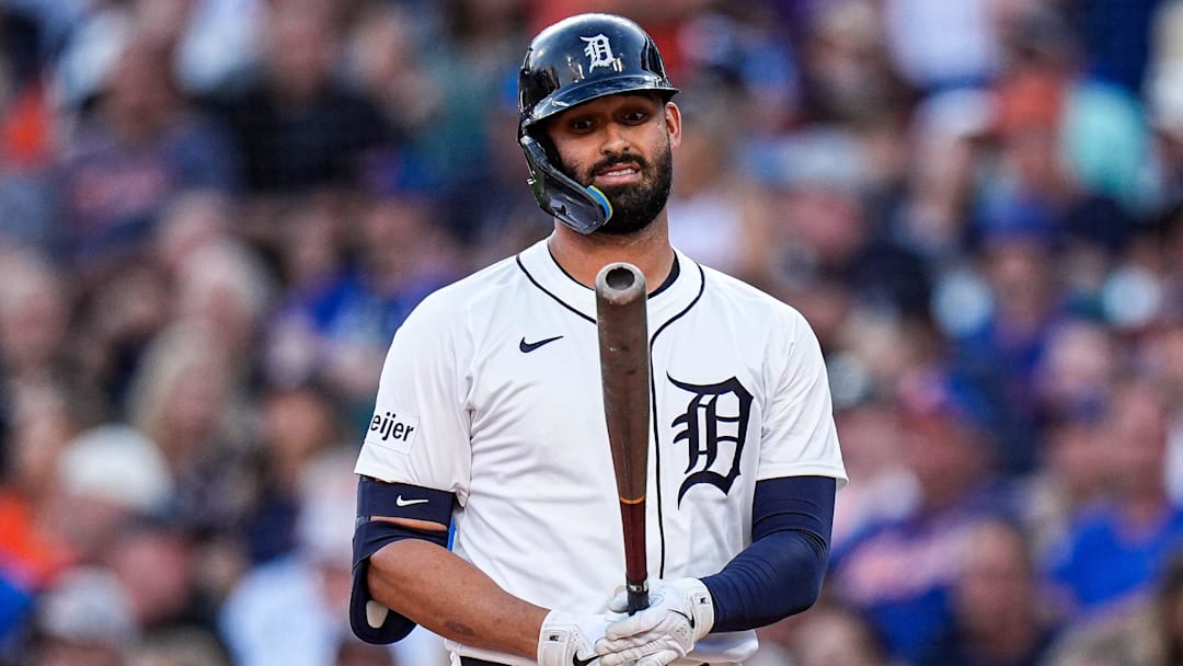 Detroit Tigers left fielder Riley Greene (31) reacts after batting a foul ball against New York Mets during the first inning at Comerica Park in Detroit on Tuesday, September 2, 2025.