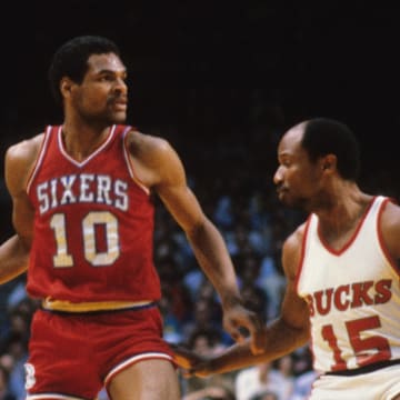 Unknown date and unknown location; USA; FILE PHOTO; Philadelphia 76ers guard Maurice Cheeks (10) against Milwaukee Bucks guard Charlie Criss (15). Mandatory Credit: Malcolm Emmons-USA TODAY Network.