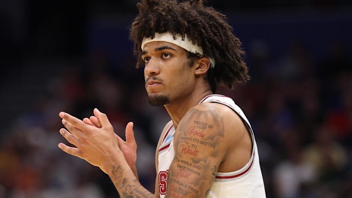 Mar 20, 2026; Tampa, FL, USA; Alabama Crimson Tide forward Amari Allen (5) reacts after a play in the first half against the Hofstra Pride during a first round game of the men's 2026 NCAA Tournament at Benchmark International Arena. Mandatory Credit: Nathan Ray Seebeck-Imagn Images
