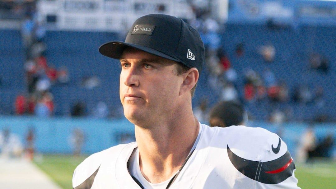 Houston Texans quarterback Davis Mills runs off the field after the win against the Tennessee Titans. Houston Texans quarterback Davis Mills runs off the field after the win against the Tennessee Titans.