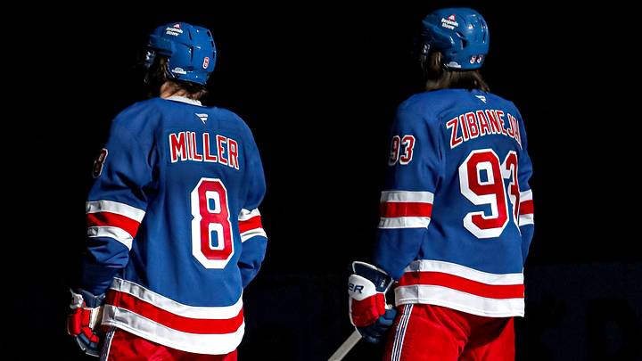 Feb 2, 2025; New York, New York, USA; New York Rangers center J.T. Miller (8) stands with center Mika Zibanejad (93) during the first period against the Vegas Golden Knights at Madison Square Garden. Mandatory Credit: Danny Wild-Imagn Images Feb 2, 2025; New York, New York, USA; New York Rangers center J.T. Miller (8) stands with center Mika Zibanejad (93) during the first period against the Vegas Golden Knights at Madison Square Garden. Mandatory Credit: Danny Wild-Imagn Images