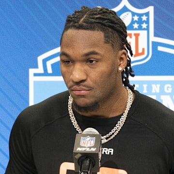 Feb 28, 2025; Indianapolis, IN, USA; Missouri wideout Luther Burden III (WO09) answers questions at a press conference during the 2025 NFL Combine at Indiana Convention Center. Mandatory Credit: Stephanie Amador Blondet-Imagn Images