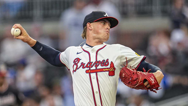 Sep 23, 2025; Cumberland, Georgia, USA; Atlanta Braves starting pitcher Hurston Waldrep (64) pitches against the Washington Nationals during the first inning at Truist Park. Mandatory Credit: Dale Zanine-Imagn Images