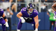 Sep 22, 2024; Arlington, Texas, USA; Baltimore Ravens guard Andrew Vorhees (72) lines up prior to the snap during the second quarter against the Dallas Cowboys at AT&T Stadium. Mandatory Credit: Andrew Dieb-Imagn Images