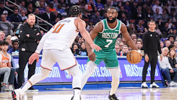 May 10, 2025; New York, New York, USA; Boston Celtics guard Jaylen Brown (7) looks to drive past New York Knicks guard Jalen Brunson (11) in the third quarter during game three of the second round for the 2025 NBA Playoffs at Madison Square Garden. Mandatory Credit: Wendell Cruz-Imagn Images