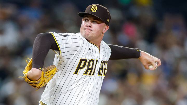 Jul 28, 2026; San Diego, California, USA; San Diego Padres relief pitcher Adrian Morejon (50) throws a pitch during the eighth inning against the Colorado Rockies at Petco Park. Mandatory Credit: David Frerker-Imagn Images