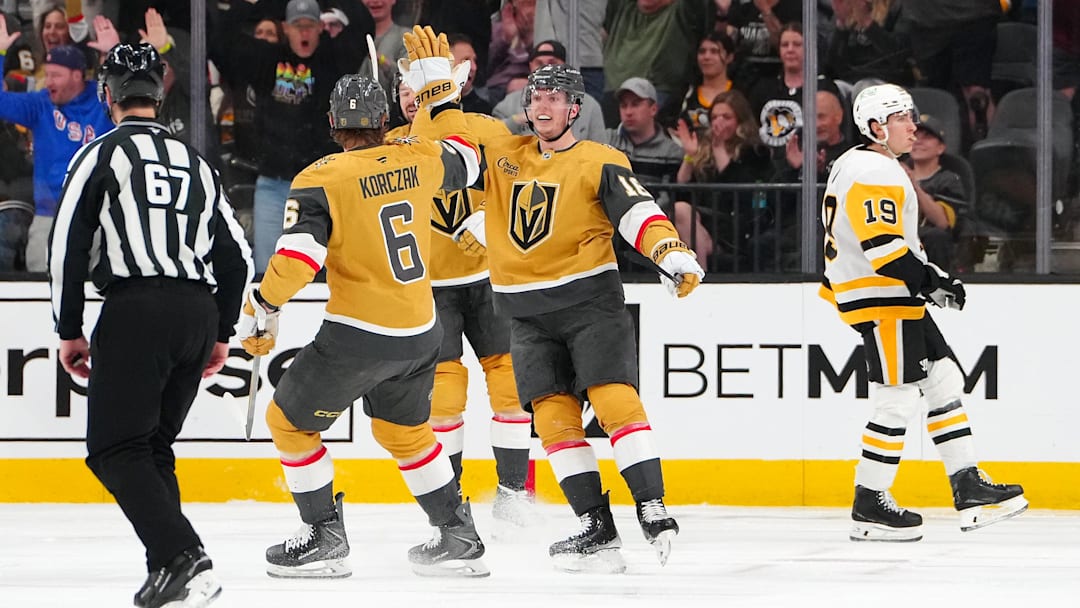 Pavel Dorofeyev celebrates one of his two goals with Kaedan Korczak