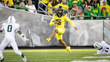 Oregon Ducks quarterback Dante Moore runs the ball as the Ducks host the Spartans Friday, Oct. 4, 2024 at Autzen Stadium in Eugene, Ore.