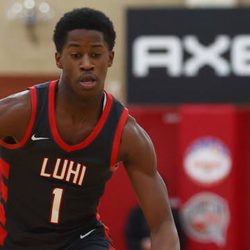 Dec 10, 2022; Scottsdale, AZ, USA; Long Island Lutheran guard VJ Edgecombe (1) against Wasatch Academy during the HoopHall West basketball tournament at Chaparral High School. Mandatory Credit: Mark J. Rebilas-USA TODAY Sports