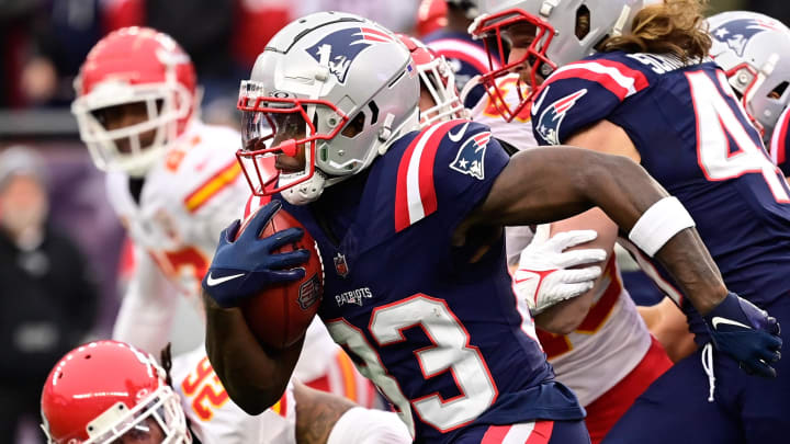 Dec 17, 2023; Foxborough, Massachusetts, USA; New England Patriots wide receiver Jalen Reagor (83) runs the ball against the Kansas City Chiefs during the first half at Gillette Stadium. Mandatory Credit: Eric Canha-USA TODAY Sports