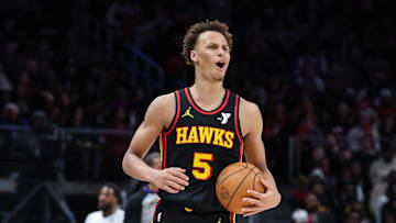 Atlanta Hawks guard Dyson Daniels reacts to call from the referees in the game against the Detroit Pistons during the third quarter at State Farm Arena
