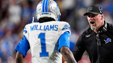 Detroit Lions head coach Dan Campbell celebrates with wide receiver Jameson Williams (1) after a touchdown against Washington Commanders during the second half at Northwest Stadium in Landover, Md. on Sunday, November 9, 2025.