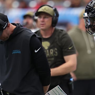 Nov 9, 2025; Houston, Texas, USA; Jacksonville Jaguars head coach Liam Coen reacts on the sidelines during the first half against the Houston Texans at NRG Stadium. Mandatory Credit: Thomas Shea-Imagn Images