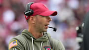 Arizona Cardinals head coach Jonathan Gannon walks the sidelines as his team plays the San Francisco 49ers at State Farm Stadium in Glendale on Nov. 16, 2025.