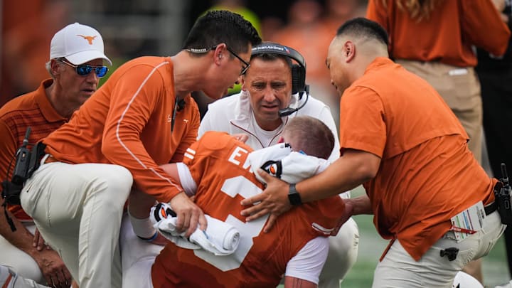 Texas Longhorns quarterback Quinn Ewers is week-to-week after suffering an abdominal strain in Saturday's game.