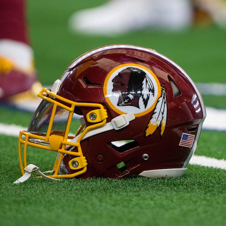 A view of a Washington Redskins helmet and logo before the game between the Dallas Cowboys and Washington Redskins