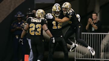 New Orleans Saints wide receiver Marques Colston, running back Pierre Thomas and wide receiver Lance Moore