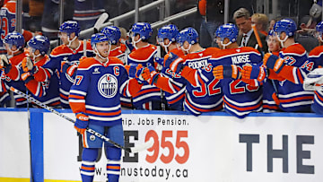 The Edmonton Oilers celebrate a goal scored by forward Connor McDavid (97)