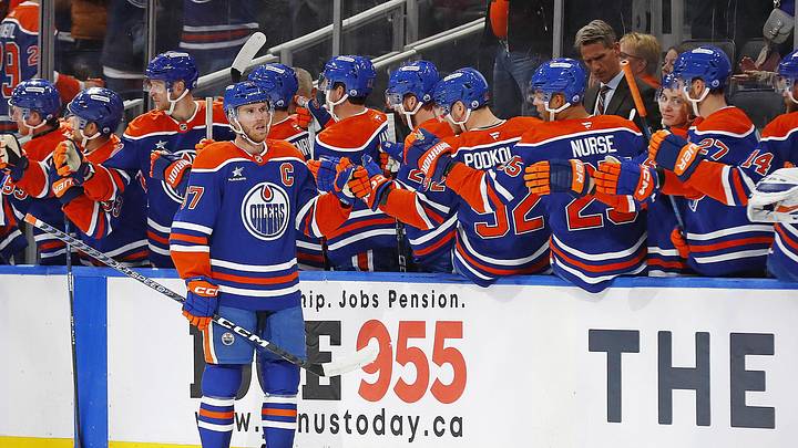 The Edmonton Oilers celebrate a goal scored by forward Connor McDavid (97)