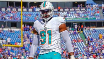 Oct 1, 2023; Orchard Park, New York, USA; Miami Dolphins defensive end Emmanuel Ogbah (91) warms up prior to the game against the Buffalo Bills at Highmark Stadium. Mandatory Credit: Gregory Fisher-USA TODAY Sports