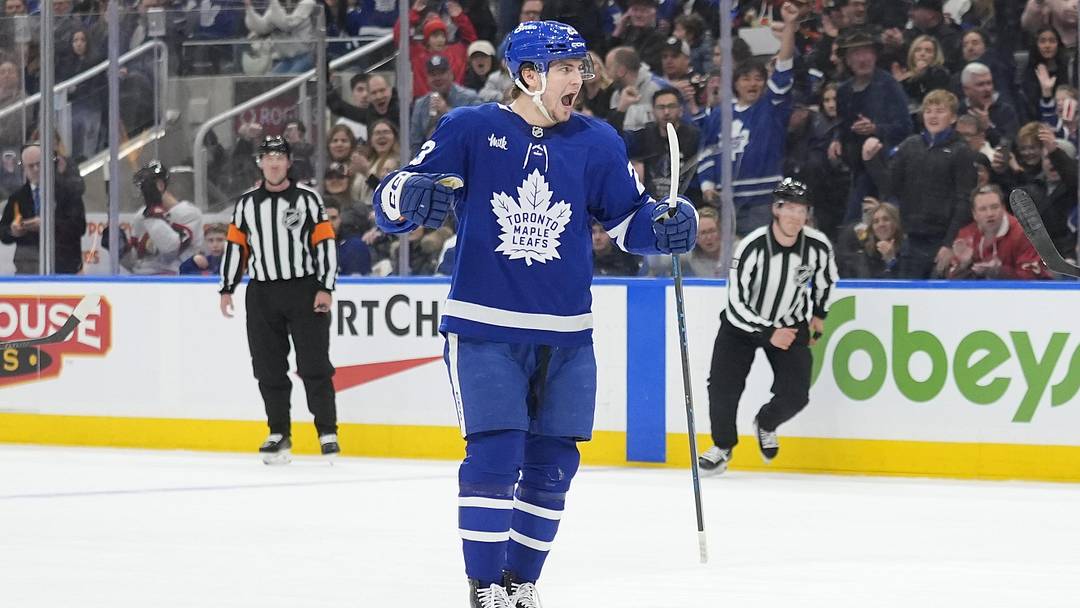 Dec 27, 2025; Toronto, Ontario, CAN; Toronto Maple Leafs forward Matthew Knies (23) reacts after scoring against the Ottawa Senators during the first period at Scotiabank Arena. Mandatory Credit: John E. Sokolowski-Imagn Images