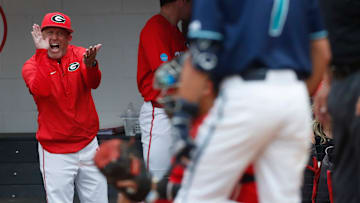 Georgia coach Wes Johnson gets animated during a NCAA Athens Regional baseball game against UNCW in Athens, Ga., on Saturday, June 1, 2024. Georgia won 11-2.