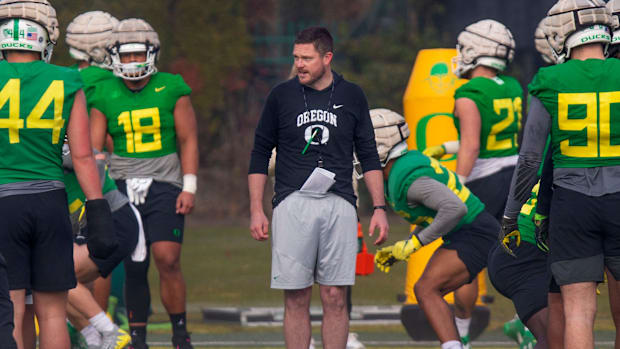 Oregon head coach Dan Lanning leads the first day of spring football practice for Oregon football Thursday March 16, 2023 as 