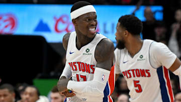 Detroit Pistons guard Dennis Schroder (17) reacts and clutches his wrist after a shooting attempt against the Toronto Raptors in the second half at Scotiabank Arena.