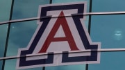 A general view of the Arizona Wildcats logo at the Alamodome prior to the national semifinals of the women's Final Four of the 2021 NCAA Tournament