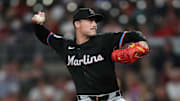 Aug 8, 2025; Cumberland, Georgia, USA; Miami Marlins relief pitcher Calvin Faucher (53) pitches against the Atlanta Braves during the ninth inning at Truist Park.
