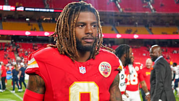 Kansas City Chiefs cornerback Kristian Fulton (8) leaves the field after the game against the Chicago Bears at GEHA Field at Arrowhead Stadium.