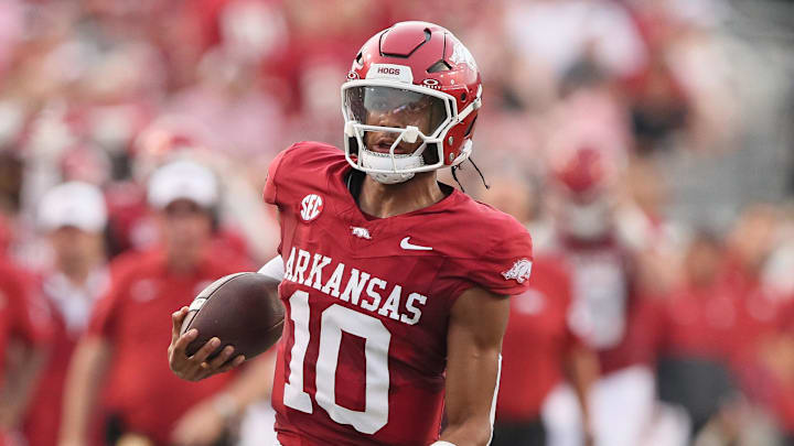 Arkansas Razorbacks quarterback Taylen Green (10) rushes during the first quarter against the UAPB Golden Lions at War Memorial Stadium.