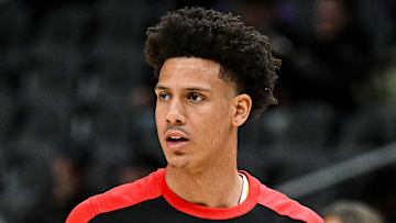 Jalen Johnson #1 of the Atlanta Hawks warms up before facing the Detroit Pistons.