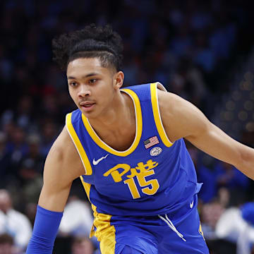 Mar 15, 2024; Washington, D.C., USA; Pittsburgh Panthers guard Jaland Lowe (15) controls the ball against the North Carolina Tar Heels during the second half at Capital One Arena. Mandatory Credit: Amber Searls-Imagn Images