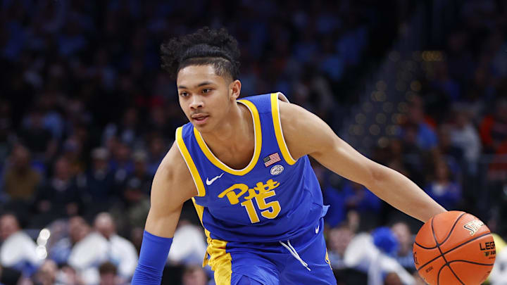 Mar 15, 2024; Washington, D.C., USA; Pittsburgh Panthers guard Jaland Lowe (15) controls the ball against the North Carolina Tar Heels during the second half at Capital One Arena. Mandatory Credit: Amber Searls-Imagn Images