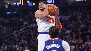 Apr 19, 2025; New York, New York, USA; New York Knicks center Karl-Anthony Towns (32) grabs a rebound in Game One of the First Round of the NBA Playoffs against the Detroit Pistons at Madison Square Garden. Mandatory Credit: Wendell Cruz-Imagn Images