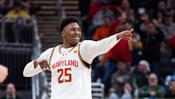 Mar 15, 2025; Indianapolis, IN, USA; Maryland Terrapins center Derik Queen (25) celebrates a made basket in the second half against the Michigan Wolverines at Gainbridge Fieldhouse. Mandatory Credit: Trevor Ruszkowski-Imagn Images