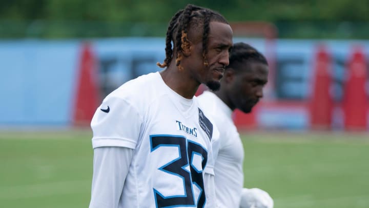 Tennessee Titans corner back L'Jarius Sneed (38) heads off the field after practice on the first day of training camp at Ascension Saint Thomas Sports Park Wednesday, July 24, 2024.