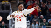 Maryland Terrapins center Derik Queen (25) celebrates a made basket in the second half against the Michigan Wolverines at Gainbridge Fieldhouse.