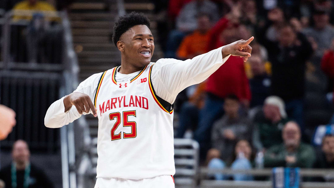 Mar 15, 2025; Indianapolis, IN, USA; Maryland Terrapins center Derik Queen (25) celebrates a made basket in the second half against the Michigan Wolverines at Gainbridge Fieldhouse. Mandatory Credit: Trevor Ruszkowski-Imagn Images