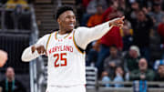 Mar 15, 2025; Indianapolis, IN, USA; Maryland Terrapins center Derik Queen (25) celebrates a made basket in the second half against the Michigan Wolverines at Gainbridge Fieldhouse. Mandatory Credit: Trevor Ruszkowski-Imagn Images